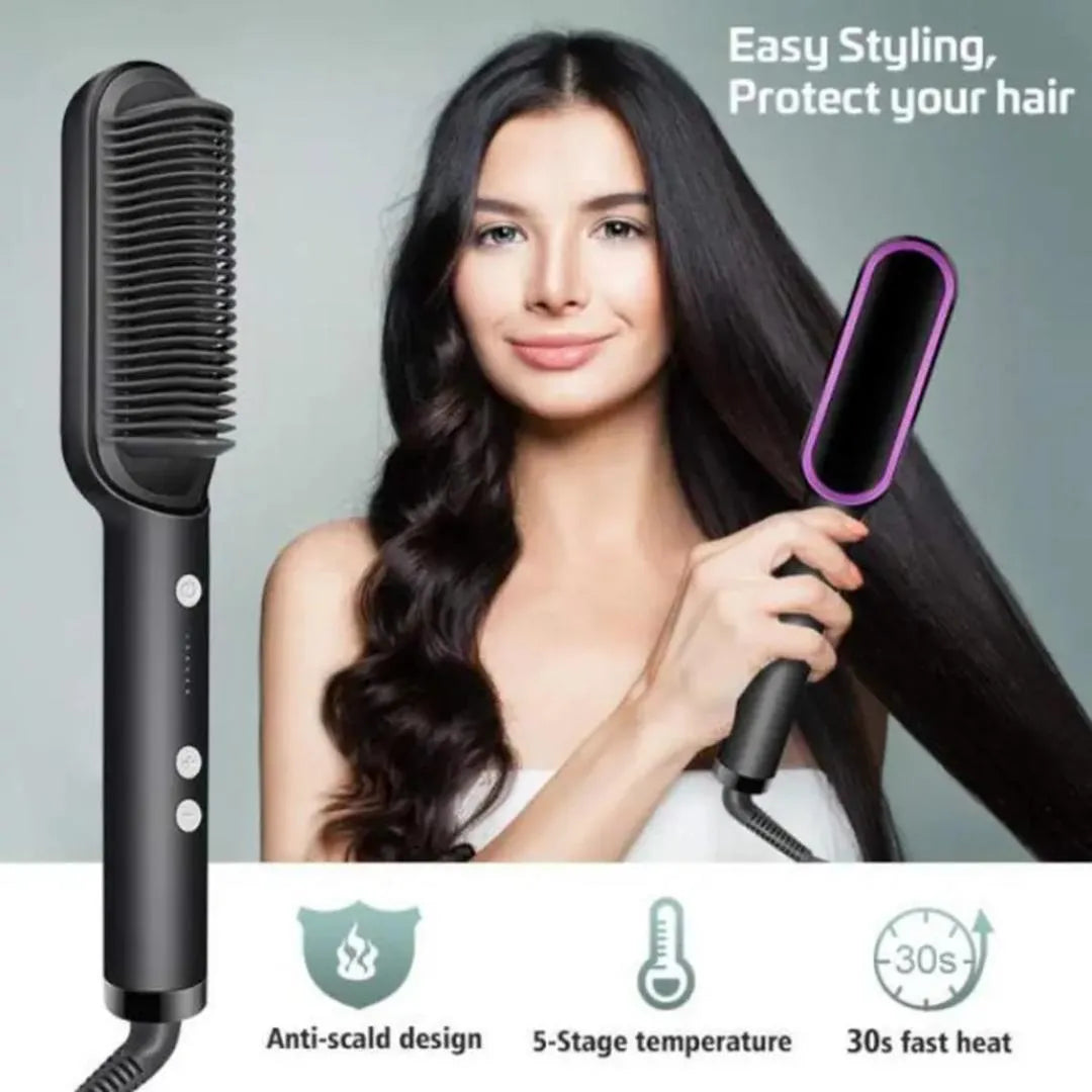 Hair Straightener Brush with 3s Temperature Settings & Anti-Scald Design