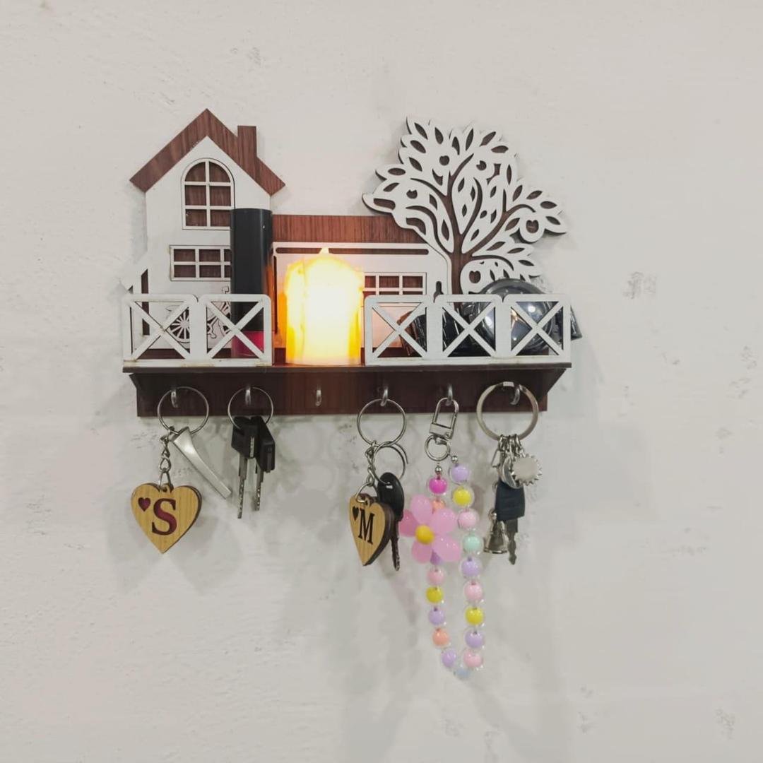 Premium Dark Wood Tree & House Design Wall Holder for Keys & Mobile Phone