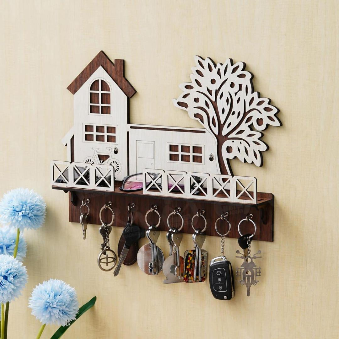 Premium Dark Wood Tree & House Design Wall Holder for Keys & Mobile Phone