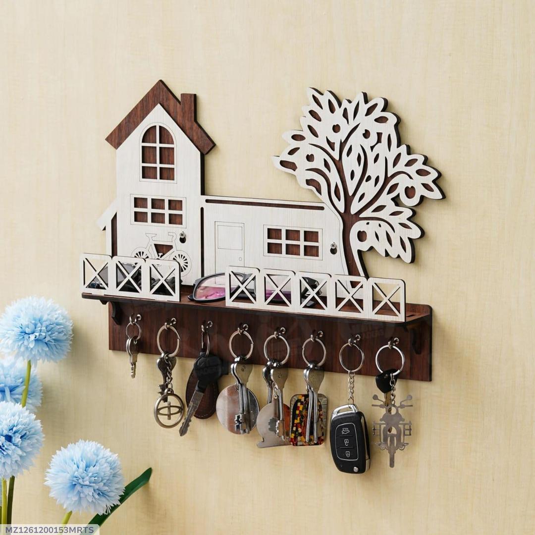 Premium Dark Wood Tree & House Design Wall Holder for Keys & Mobile Phone