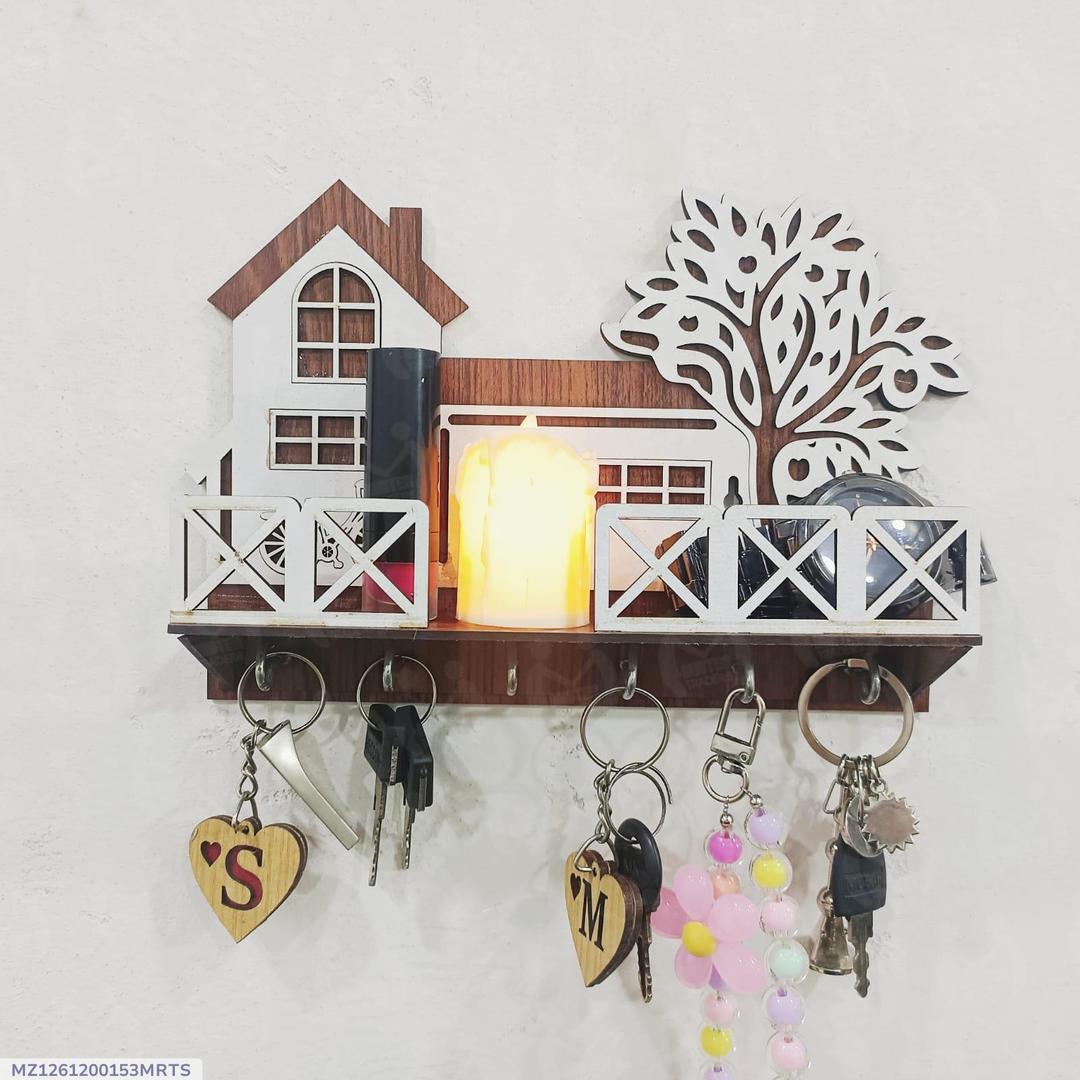 Premium Dark Wood Tree & House Design Wall Holder for Keys & Mobile Phone