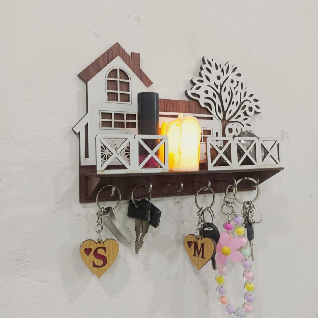 Premium Dark Wood Tree & House Design Wall Holder for Keys & Mobile Phone