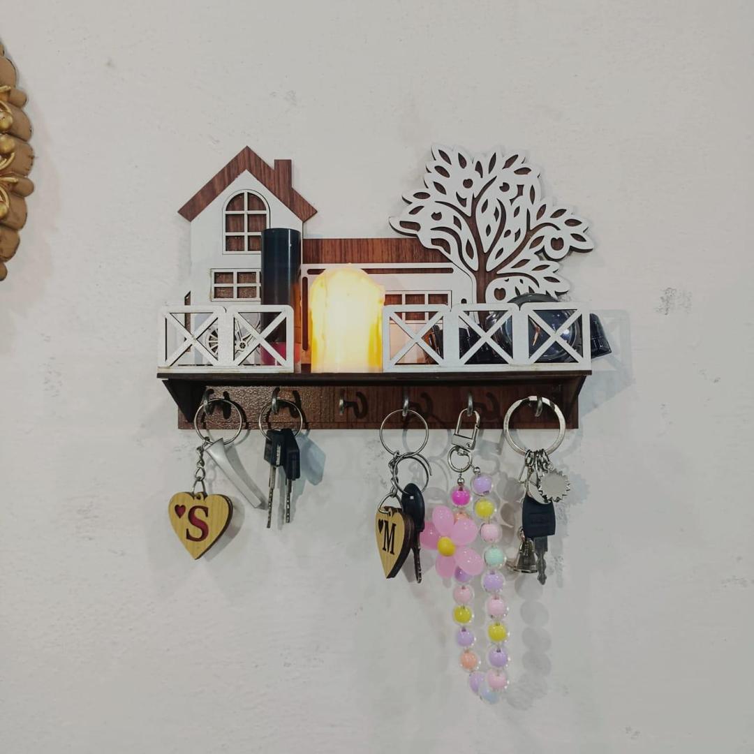 Premium Dark Wood Tree & House Design Wall Holder for Keys & Mobile Phone